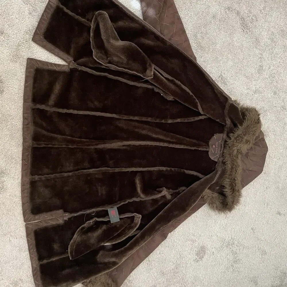 Y2K Faux Suede Fur Trim Hooded Coat Zip Up Women’s Medium 2000s VTG Brown Jacket - Picture 10 of 16